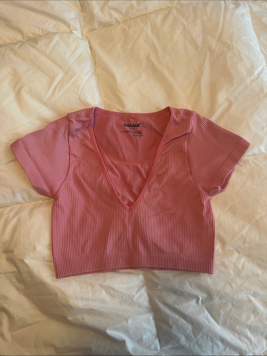 Garage Tops - Garage Pink Ribbed V-Neck Crop Top